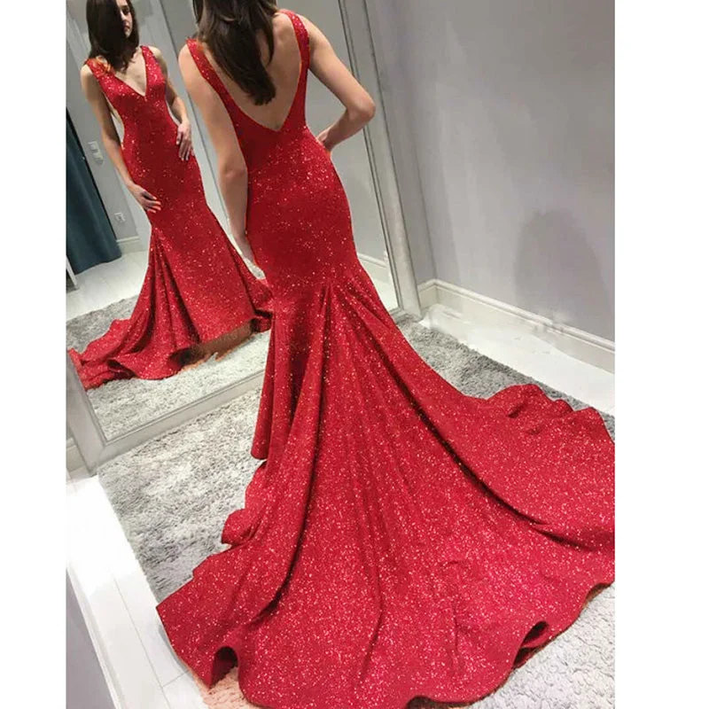 Elegant Glitter Fitted Prom Dresses Mermaid Deep V Neck Women Formal Evening Outfit 2020 Pageant Dress