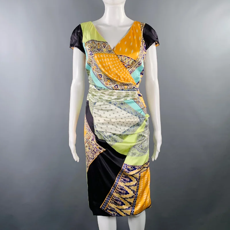 ETRO Size 6 Multi Color Silk Blend Mixed Patterns Cap Sleeves Dress