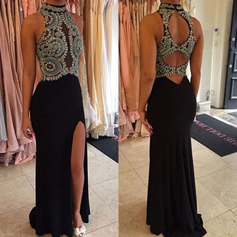 Fantastic Fitted Prom Dress High Neckline Black Formal Gown ,Sexy Slit 2022 Graduation Dress