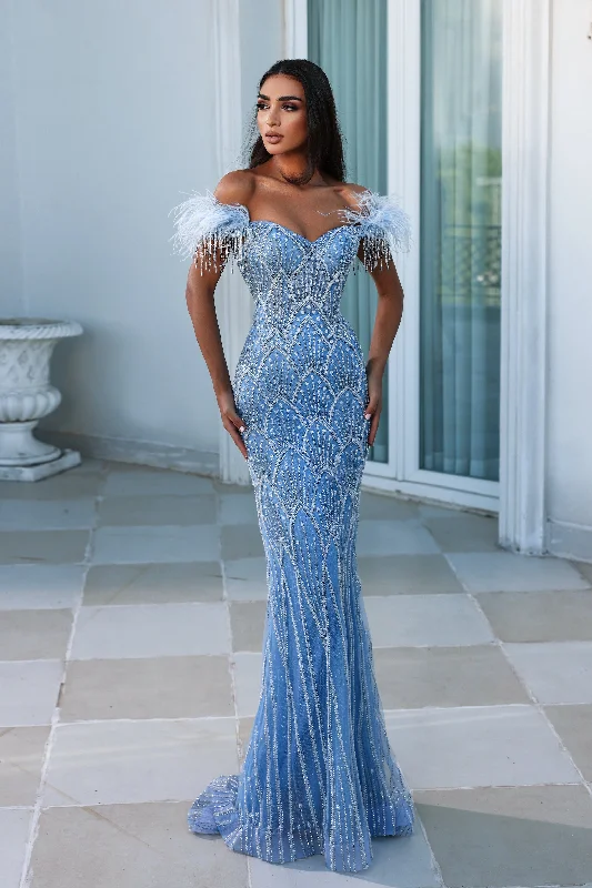 Indulge in Ethereal Elegance: Portia and Scarlett's Beaded Feather Fringe Gown