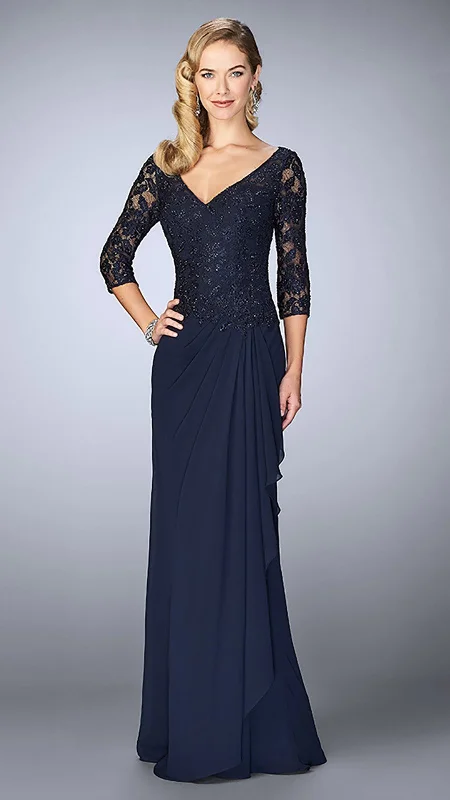 La Femme - 24857SC Beaded V-Neck Draped Sheath Dress