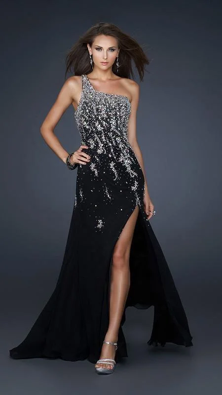 La Femme - Asymmetric Jeweled Sexy Open Back Gown 17706