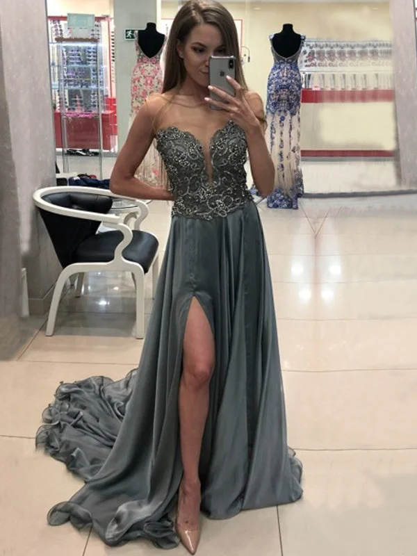 Light Slate Grey Sheer Sleeveless Side Split Chiffon A-Line Prom Dress, PD2303057