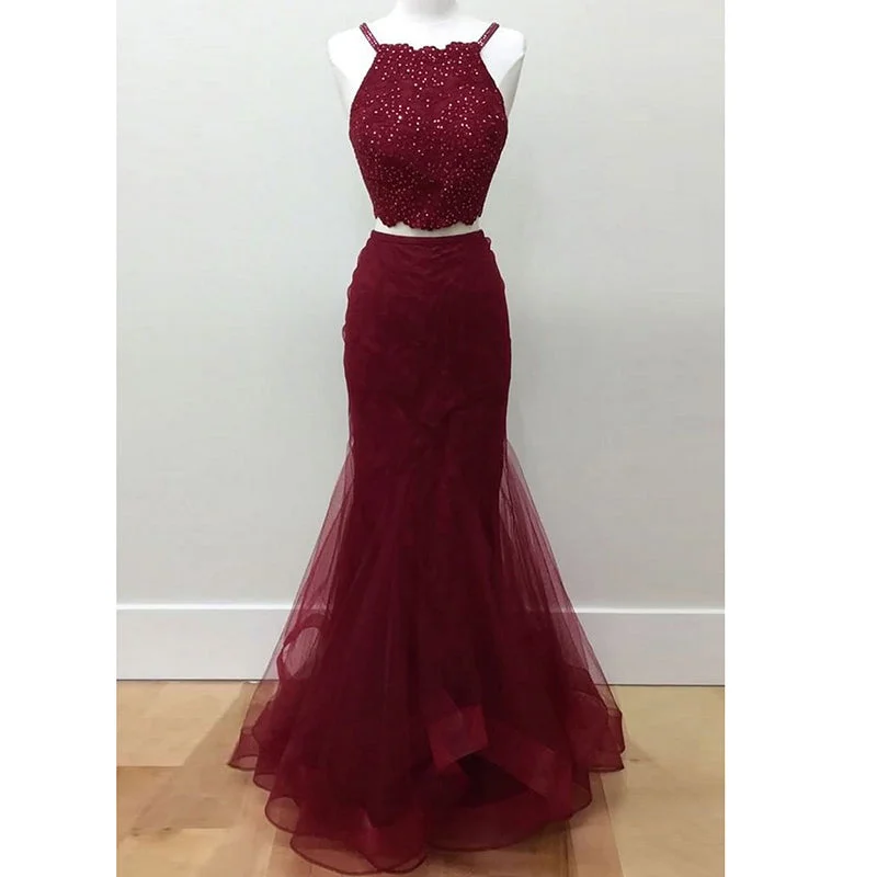 LP1596 Halter Sexy Bordeaux Crop Top 2018 Prom Dress two pieces Mermaid Formal Gowns Pageant Dresses