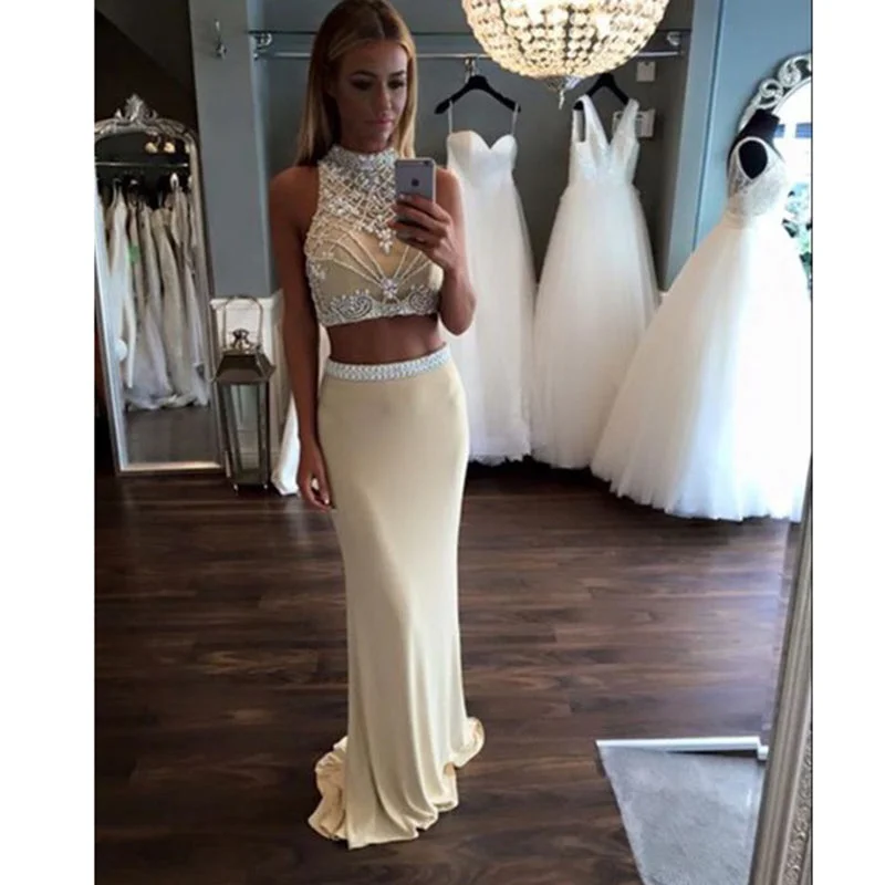 LP7890 Halter Beading Two Pieces Prom Dress Fitted Girls Formal Gown Pageant Dress 2018