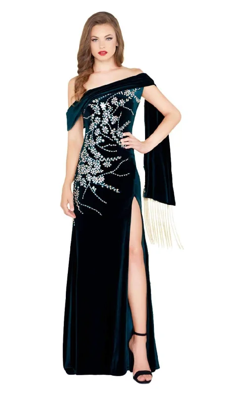 Mac Duggal Black White Red - Fringed Scarf Drape Velvet Dress 12186RSC