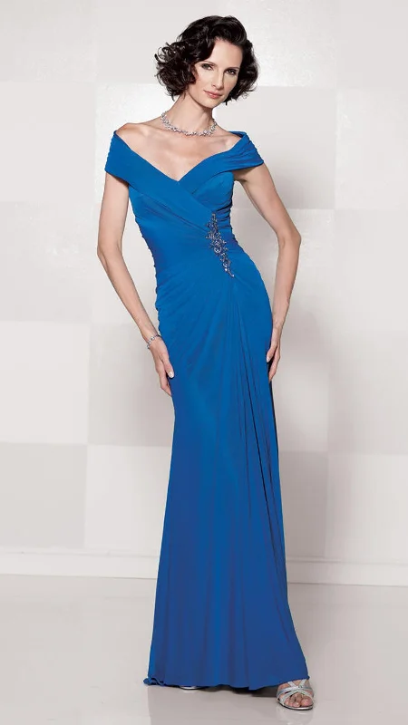 Mon Cheri - 114670SC Draped V-Neck Jeweled Sheath Dress