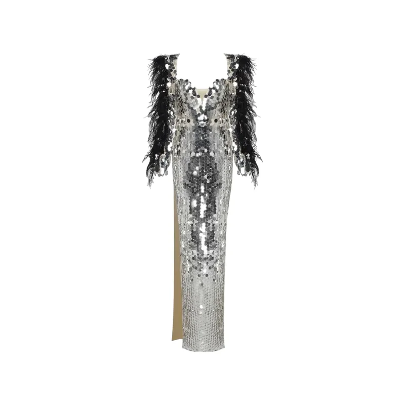 NADINE Silver Embellished Feather Dress