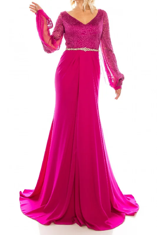 Odrella - Embroidered V-neck Jacquard Gown 7Y1090SC