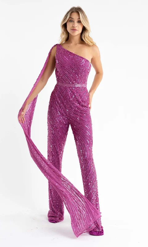 Primavera Couture - 3776 Asymmetric Beaded Prom Jumpsuit