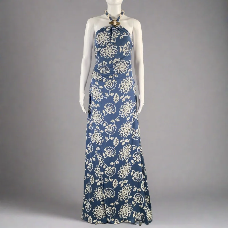 RALPH LAUREN Size 8 Blue White Silk Floral Halter Long Dress