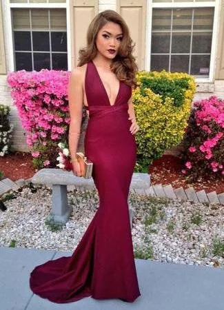 Red Deep V-Neck Sweep Train Satin Prom Dress, PD2310162