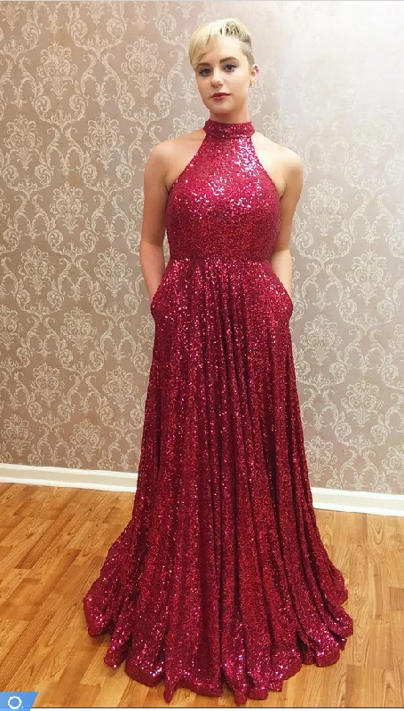 Red Jewel Sequence A-Line Prom Dress, PD23030515