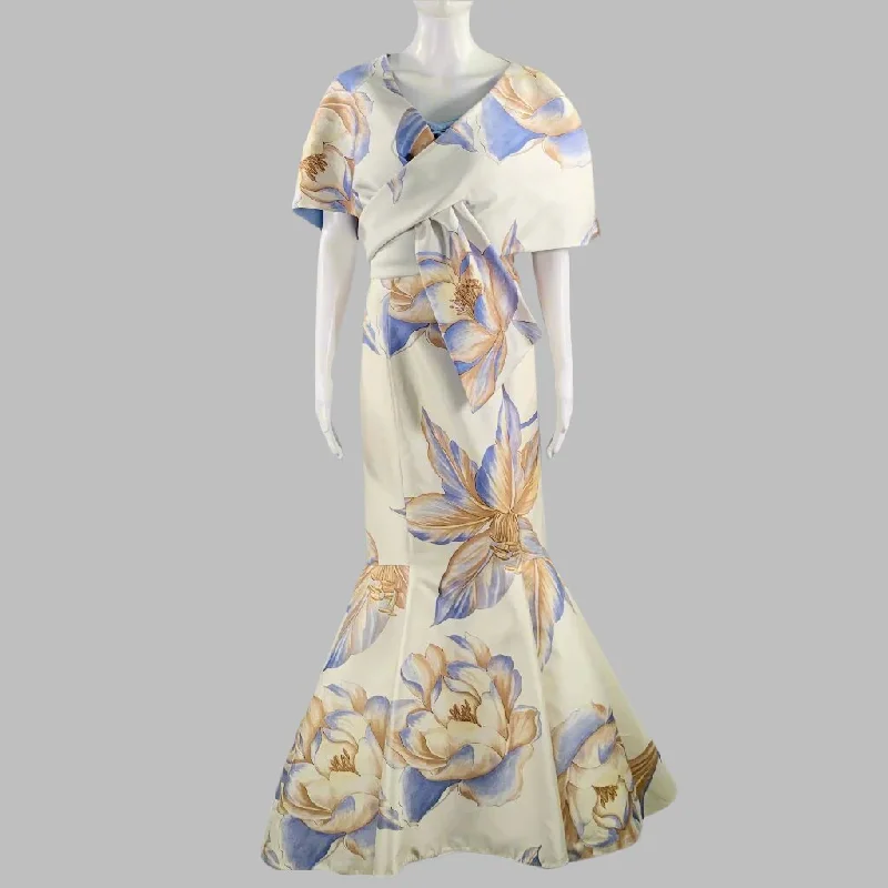 RIZIK BROS. Size 6 Cream Blue Tan Silk Floral Shawl Strapless Gown