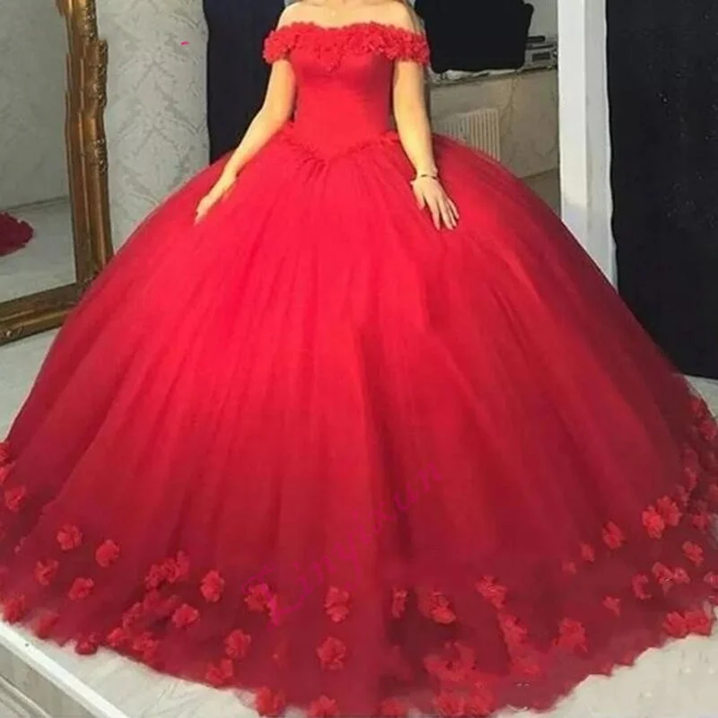 Romantic Red Quinceanera Dress With Handmade Flowers Ball Gown Prom Gown  vestidos de 15 anos