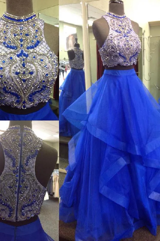 Royal Blue Beaded Two Piece Ball Gown Top Prom Dress, PD2302227