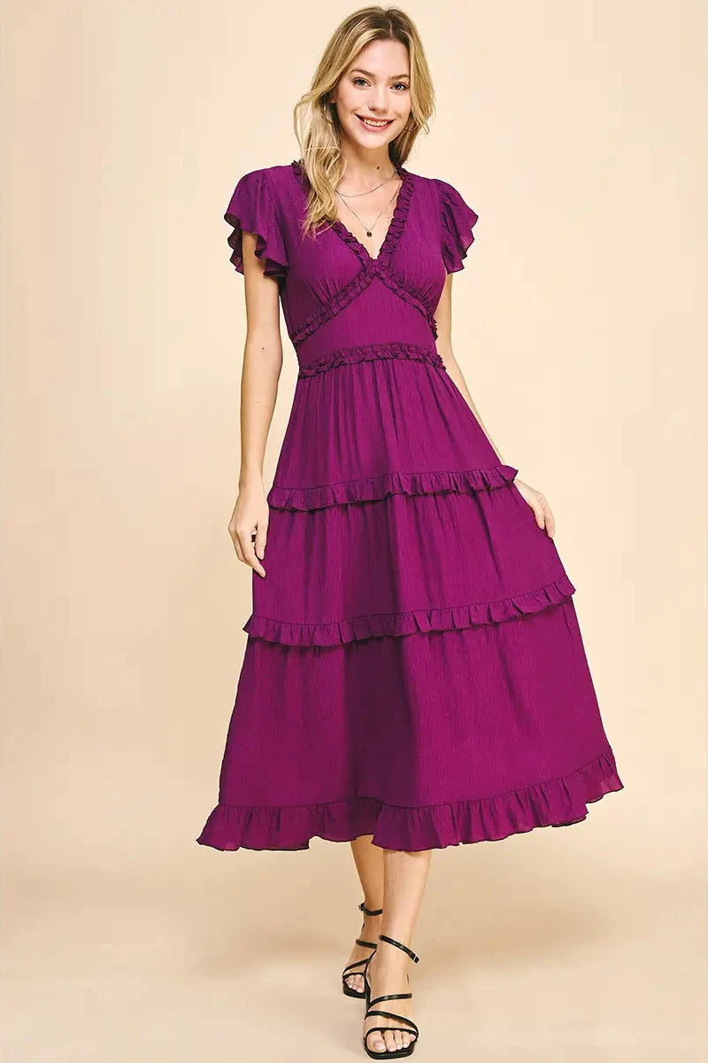 Ruffled Tea Length Dress- Deep Berry