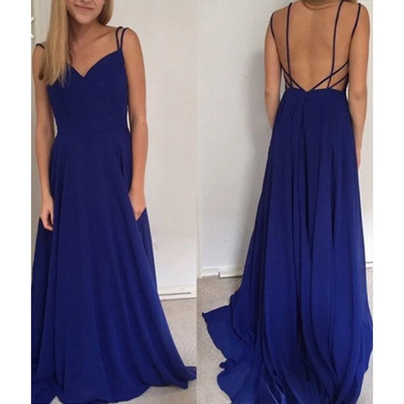 Sexy Backless Spaghetti Straps Royal Blue Prom Dresses