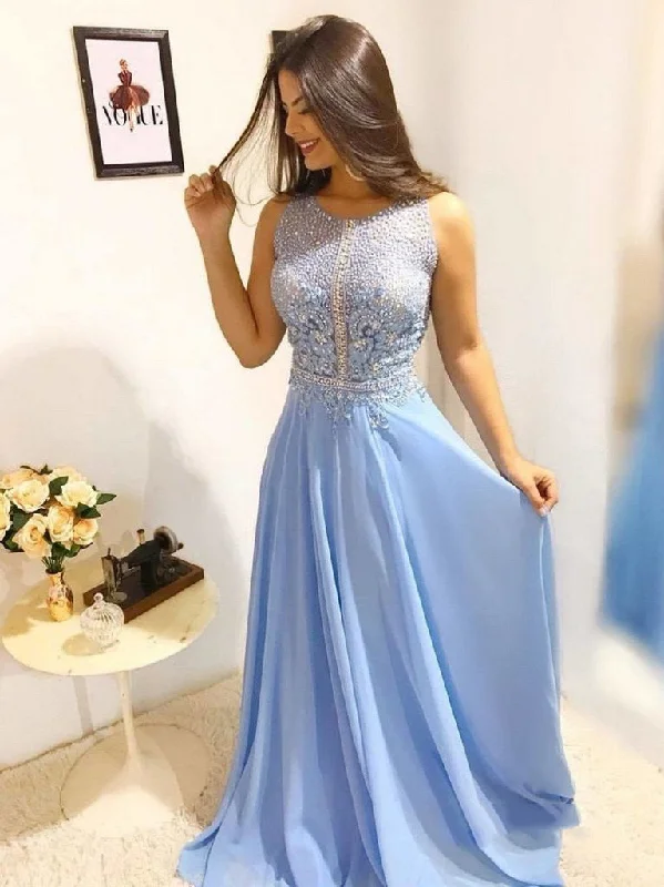 Sheath Scoop Neck Sleeveless Applique Beaded Chiffon Prom Dress, PD2310086