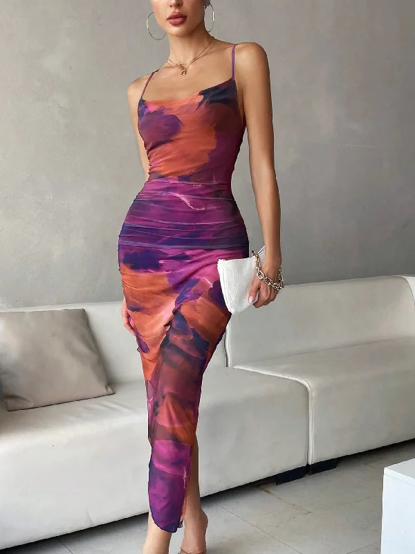 SHEIN BAE Tie Dye Draped Collar Split Thigh Cami Dress