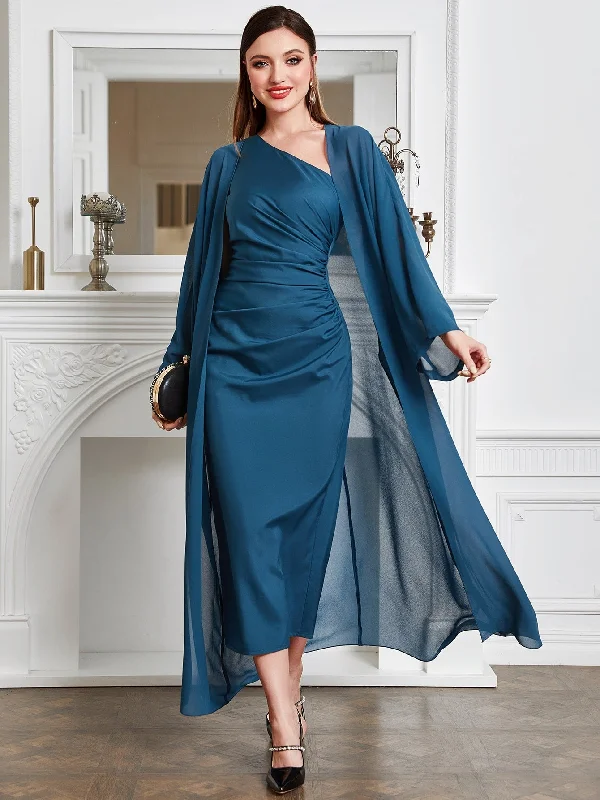 SHEIN Modely Batwing Sleeve Coat & One Shoulder Ruched Dress