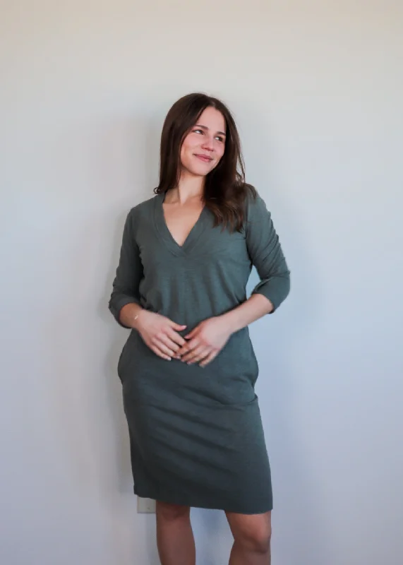 Sleeve Tab V-Neck Dress—Green**FINAL SALE**