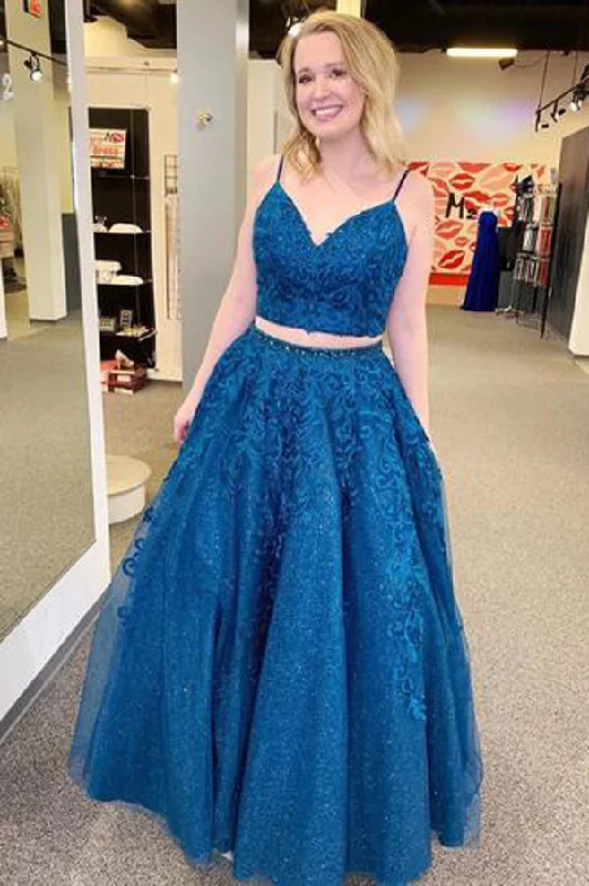 Sparkly Blue Two-Piece Appliqued Evening Dress with Spaghetti Straps, PD2303045