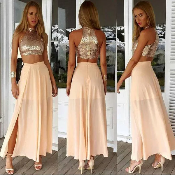 two pieces prom dress, tea-length prom dress, side slit prom dress, high neck prom dress, sparkle evening dress, BD99