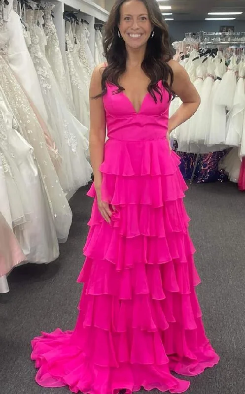 V-Neck Straps Fuchsia Ruffle Chiffon Prom Dress with Slit PC1230