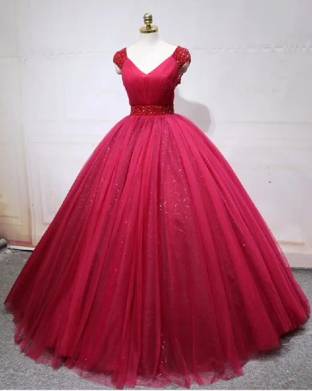 Princess Cap Sleeves Wine Red Ball Gown Quinceanera Dress Cap Sleeves Sweet Sixteen Cinderella Prom Dress LP365