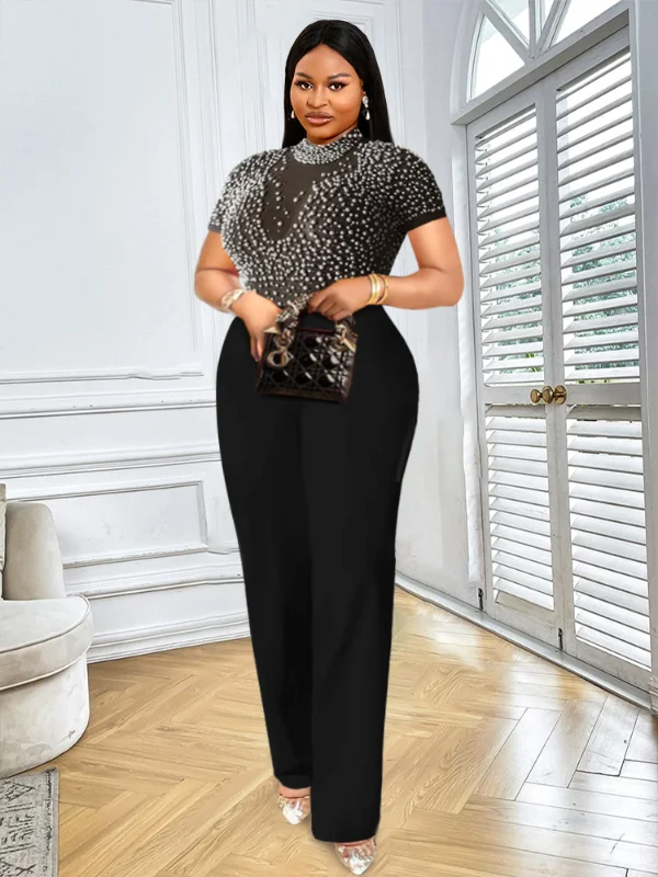 Women See Through Tops Beaded Wide Leg Jumpsuit