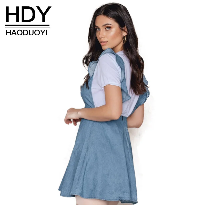 HDY 2022 Fashion Women Ruffles Sleeveless Denim Dress Casual Preppy V-Neck Solid Blue Vestidos Brief Cute A-Line Dress