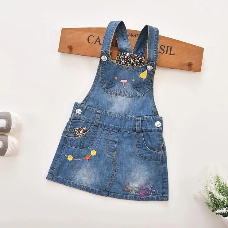 High Quality Spring Summer Girls Cartoon Cat Denim Sundress Cowboy Dress Kids Clothes Autumn Sleeveless Jeans Dress 1-6T