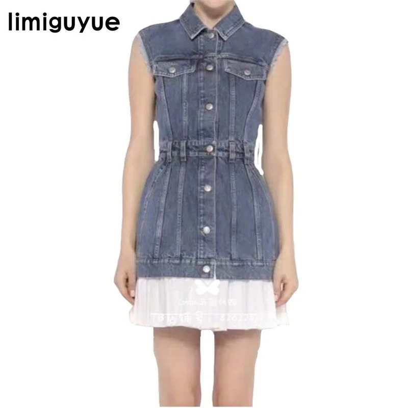 denim dresses women sleeveless chiffon pleated patchwork vest dresses turn down collar runway dress jeans Z0345