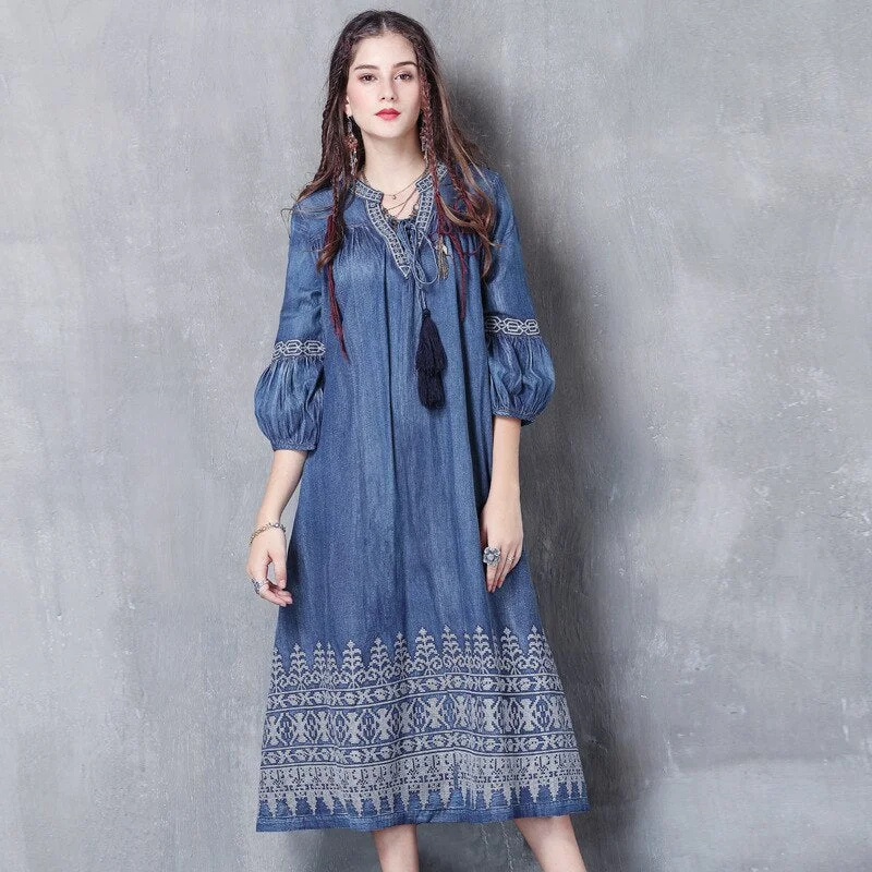 Denim Vintage Embroidery Women Casual Loose V-Neck Lace-up Dress Outwear