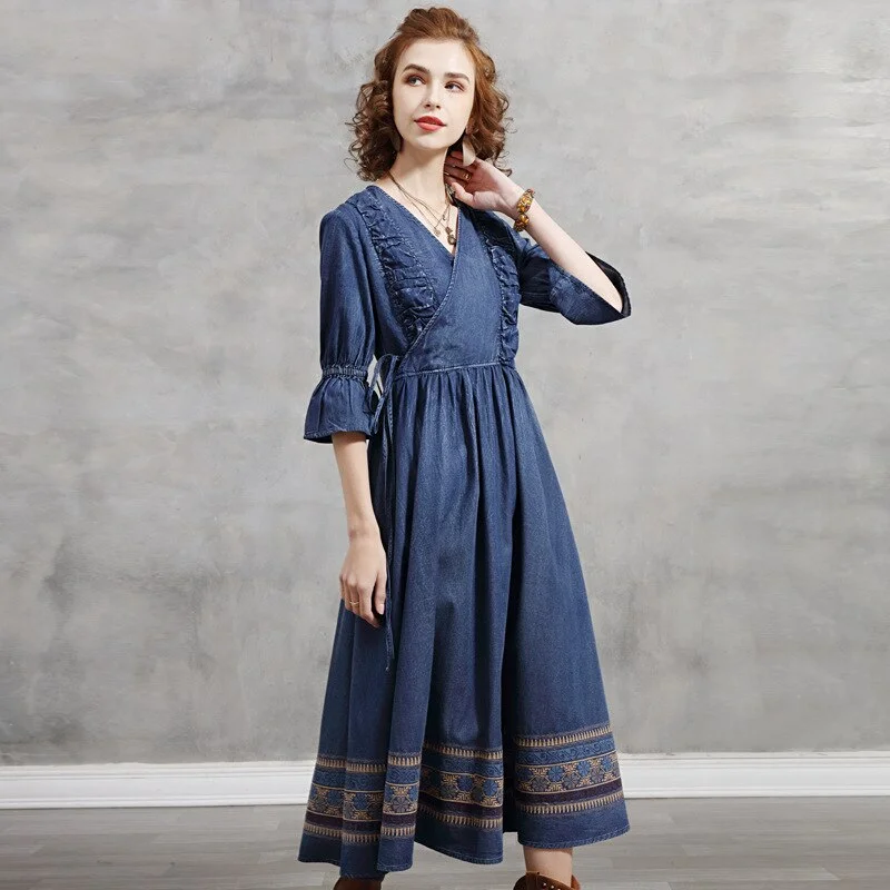 New Women Spring Denim Half Sleeve Embroidery Vintage High Waist Long Elegant Vintage Dress