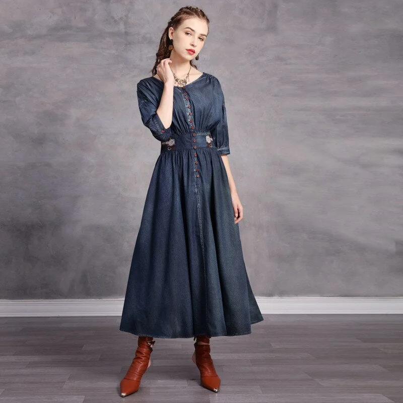 Women Spring Denim Half Sleeve Embroidery Vintage Loose Style High Waist Long Elegant Vintage Dress