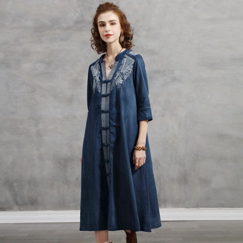 Women Spring Denim Three Quarter Sleeve Embroidery Vintage Loose Style Long Elegant Vintage Dress