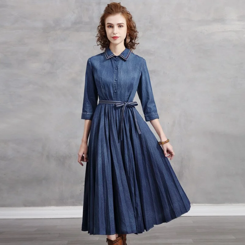 Women Spring Denim Three Quarter Sleeve High Waist With Belt Design Long Elegant Vintage Dress