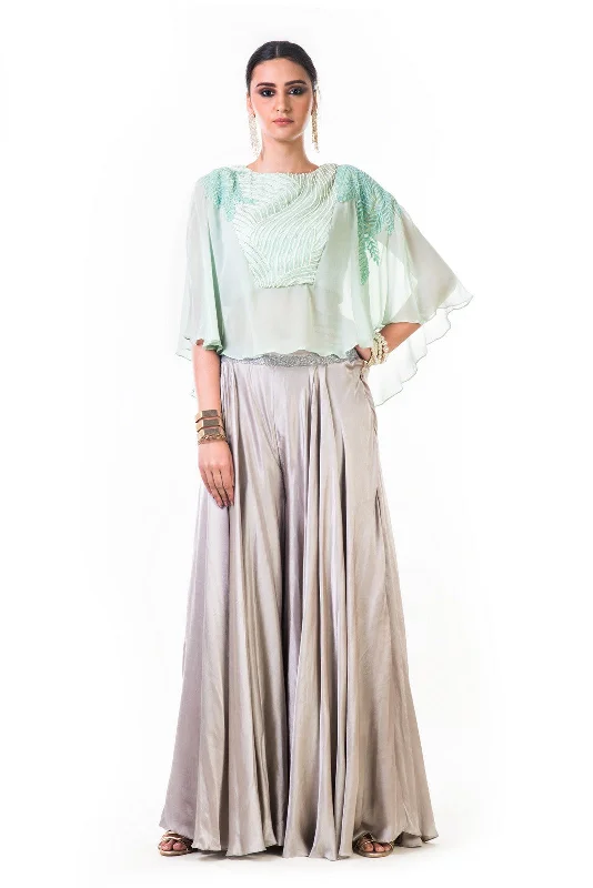 Aqua Green Cape Blouse With Hand Embroidered Silver Cutdana And Moti Work With Grey Palazzo Pants