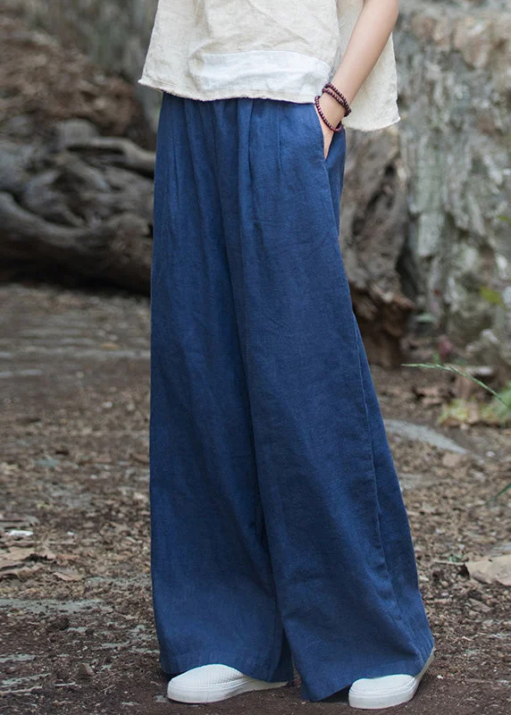 Casual Navy Pockets Elastic Waist Linen Wide Leg Pants Summer LK017