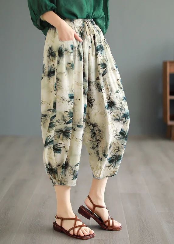 Original Design Green Pockets Print Linen Crop Pants Summer BV058