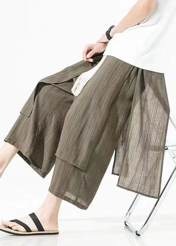 Plus Size Brown Asymmetrical Patchwork Cotton Mens Pants Crop Summer SA044