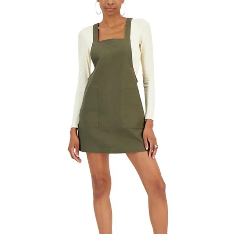 Tinseltown Juniors Denim Pullover Pinafore Overall Dress in Olive Green