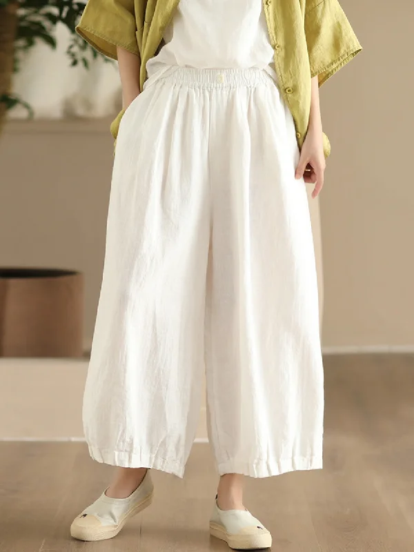 Women Summer Vintage Solid Linen Wide-leg Pants FD038