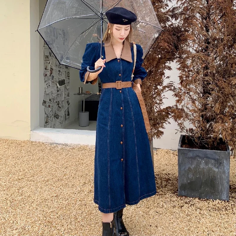 Women's Pu Denim Dress Autumn New Vintage Patchwork Belt Lady Jeans Dresses Elegant Female Fashion Vestidos