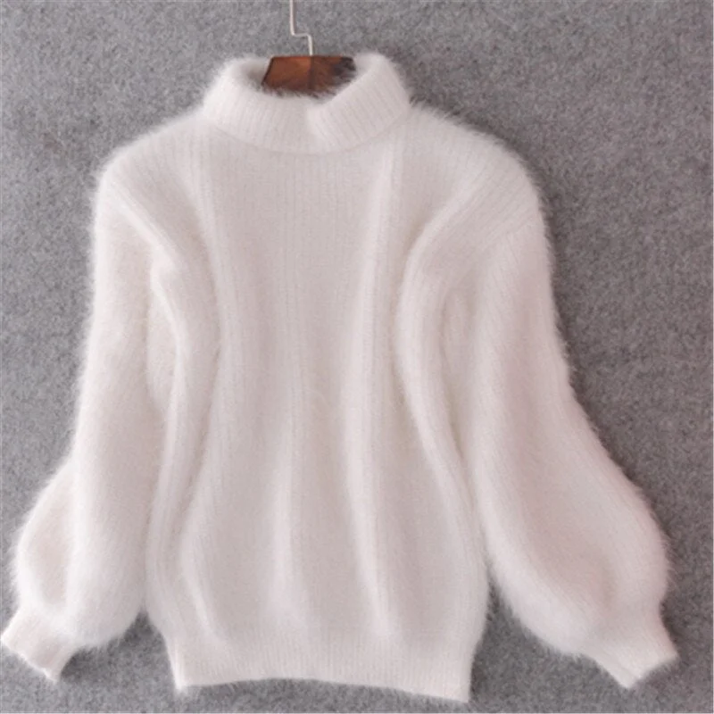 2023 White Mohair Thicken Turtleneck Sweater Autumn Winter Sweet Lantern Sleeve Casual Solid Color Pullover pull femme