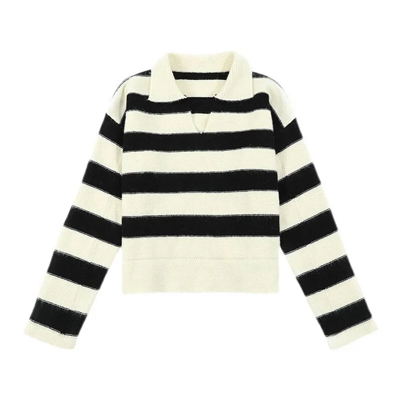 Autumn Vintage Knitted Stripe Pullover Sweater Women Lapel Collar Soft Warm Simple School Sweaters Female Casual Tops