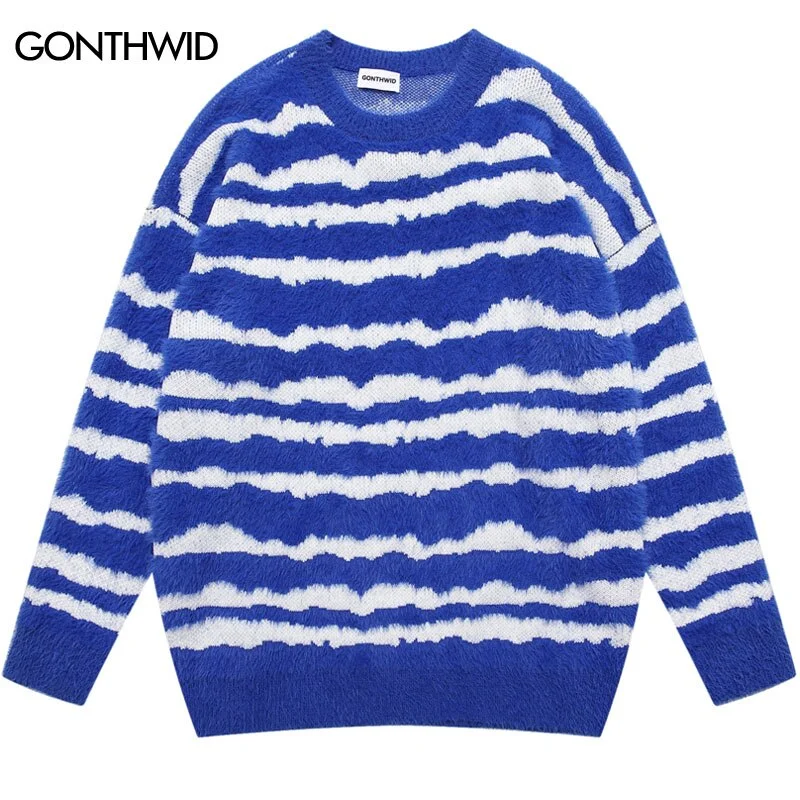 Autumn Winter Knitted Mohair Striped Sweater Men Women Casual Loose Jumpers Sweaters 2023 Harajuku Pullover Korean Teens