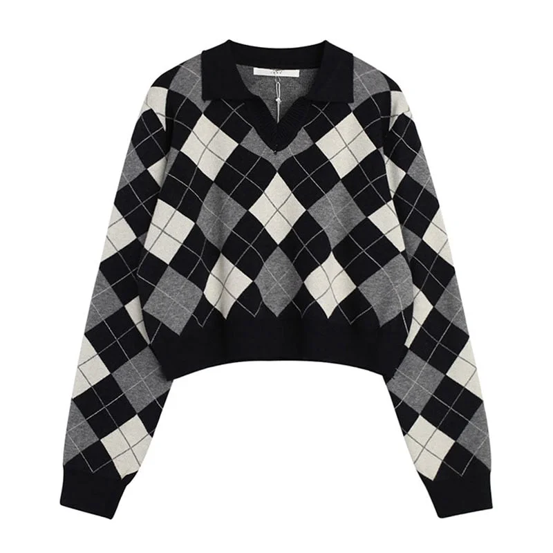 Autumn Winter Women Casual  Loose Vintage Argyle Sweater England Style Pullovers Kawaii Pullover Women Oversize Sweater Jumpers